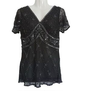 Papell boutique evening Vintage black beaded silk blouse Large